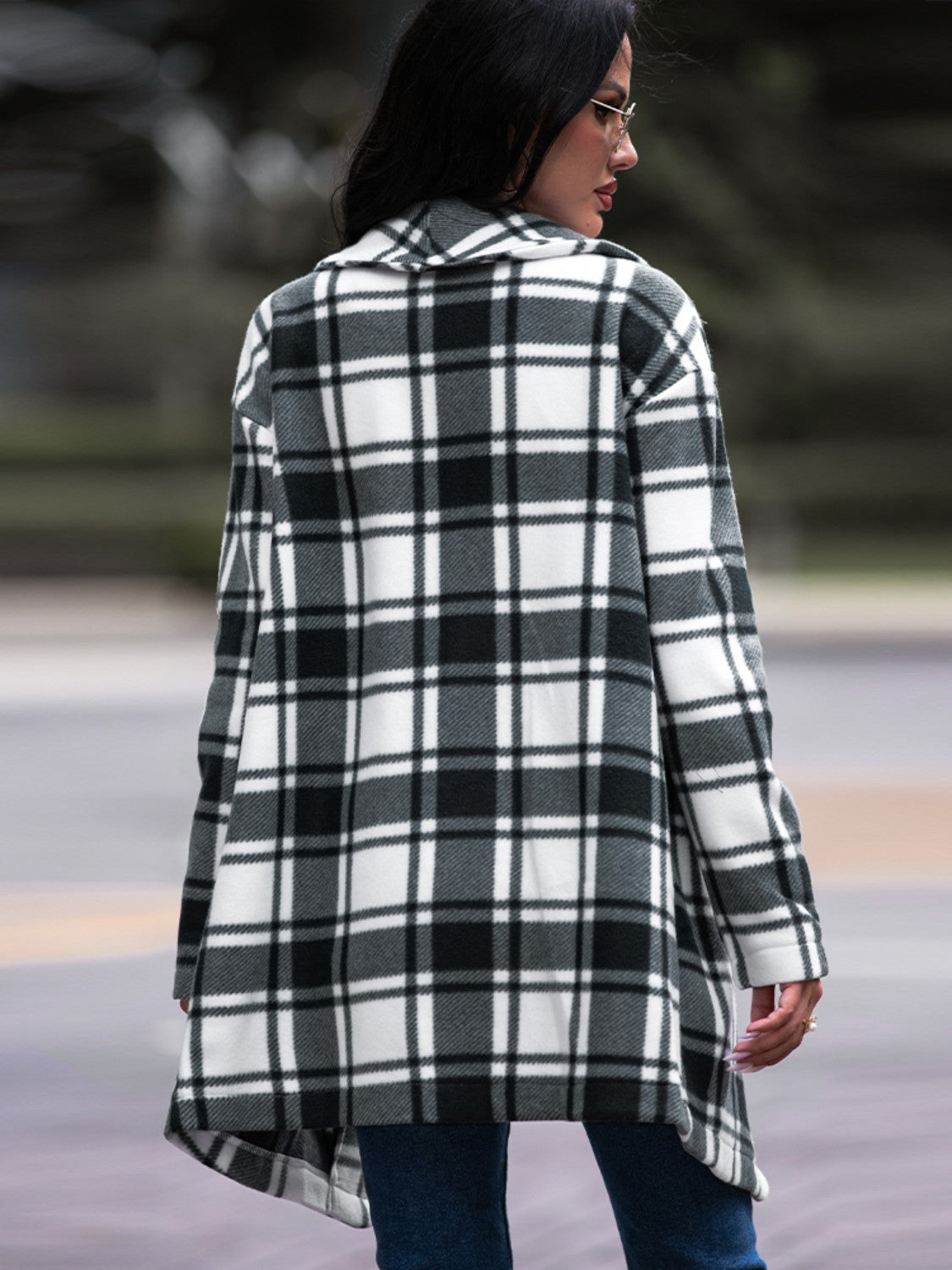 Plaid Shawl Collar Coat with Pockets BLUE ZONE PLANET