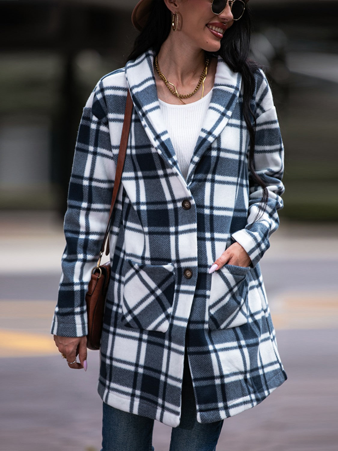 Plaid Shawl Collar Coat with Pockets BLUE ZONE PLANET