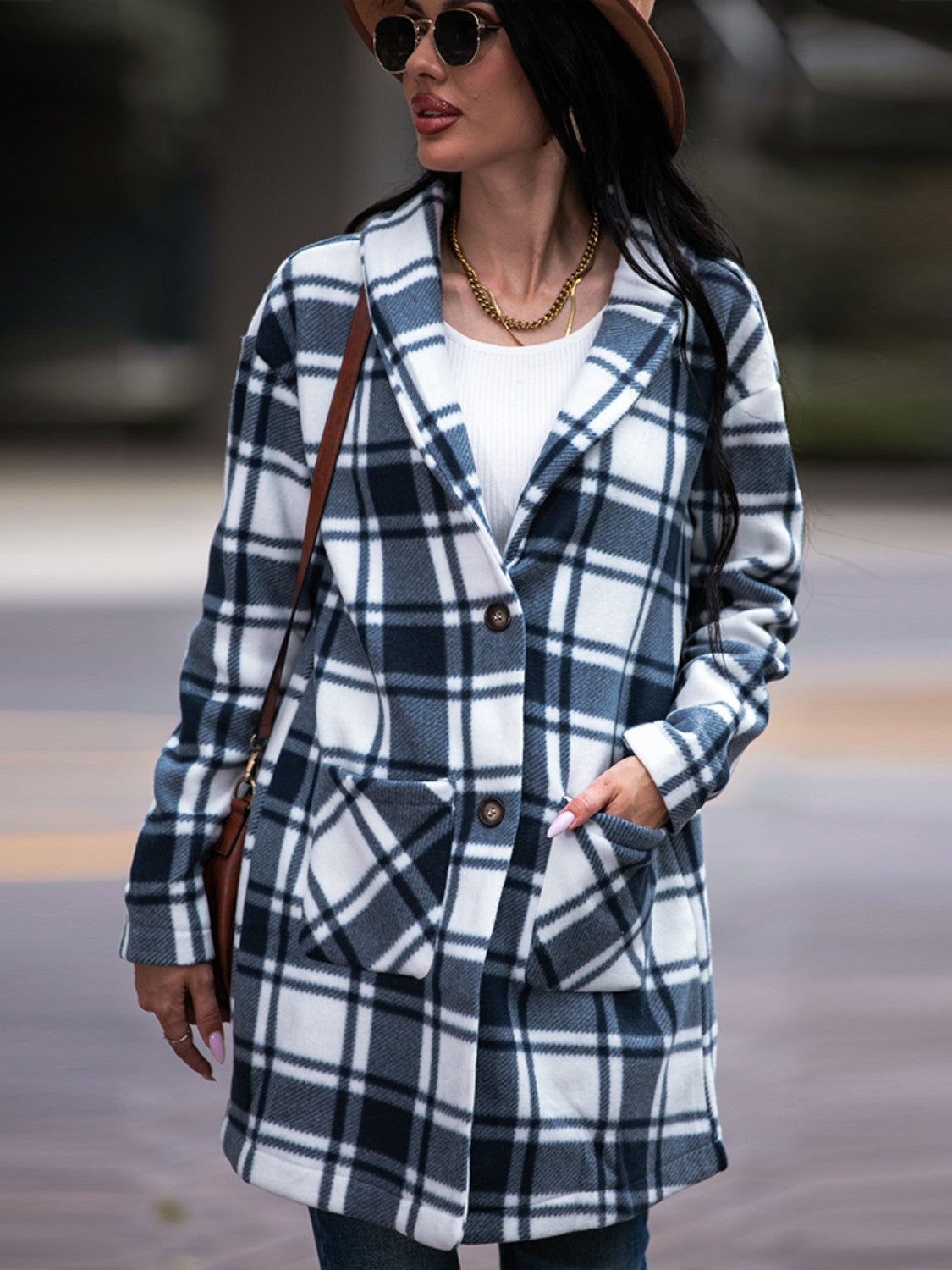 Plaid Shawl Collar Coat with Pockets BLUE ZONE PLANET