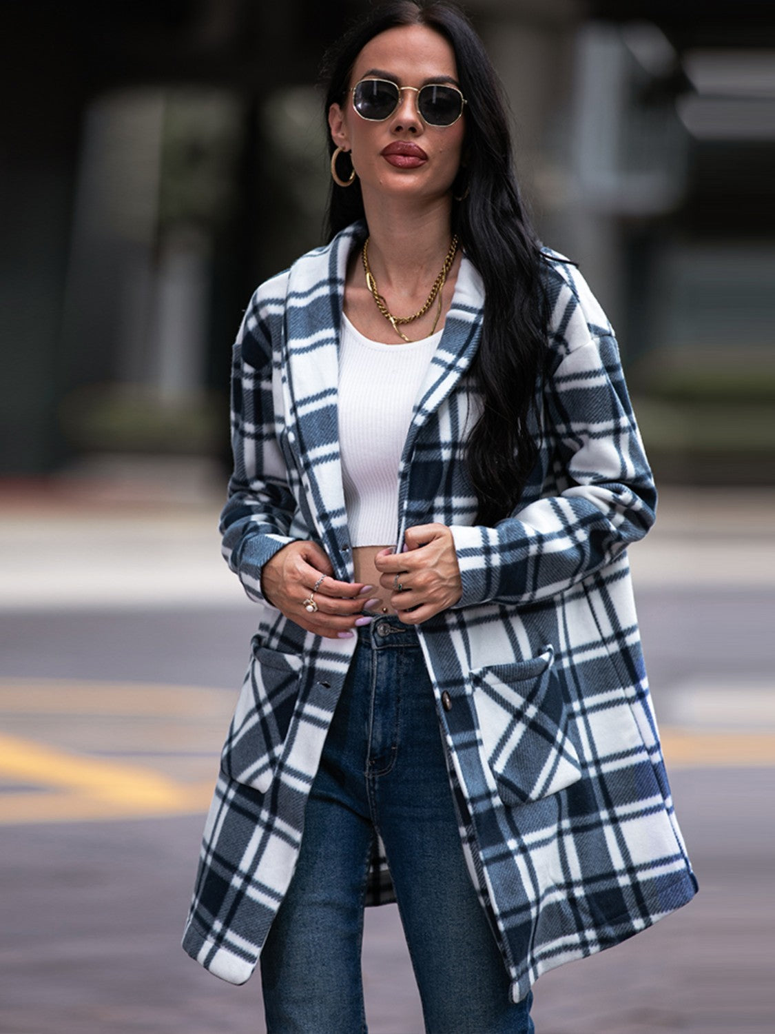 Plaid Shawl Collar Coat with Pockets BLUE ZONE PLANET