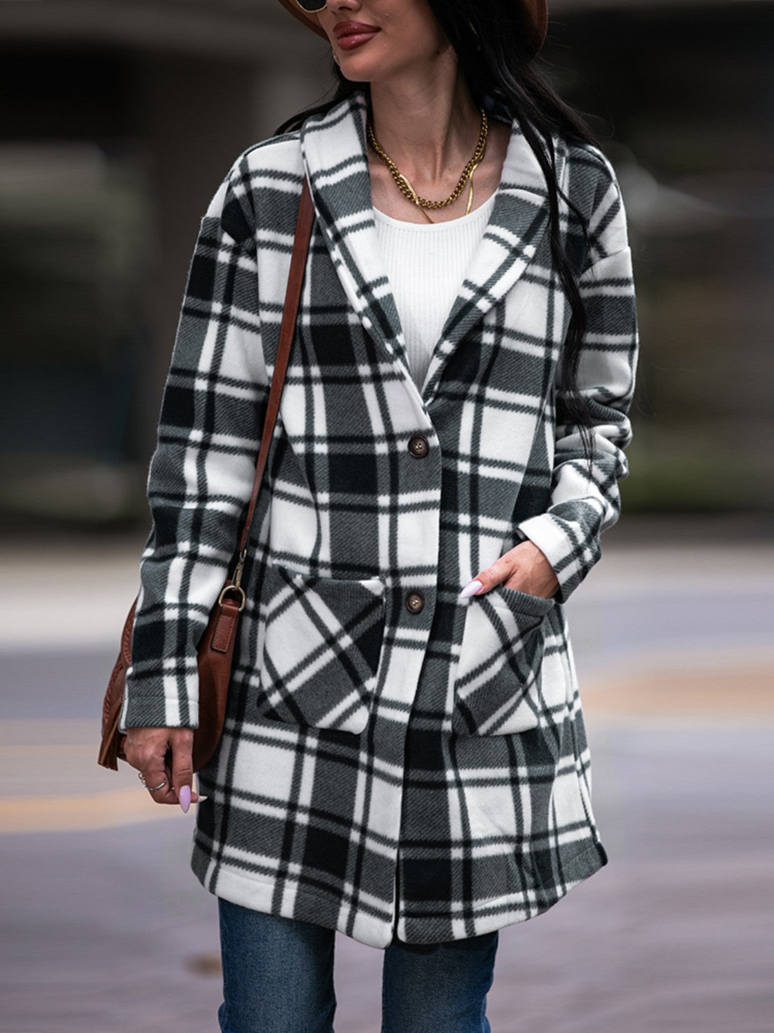 Plaid Shawl Collar Coat with Pockets BLUE ZONE PLANET