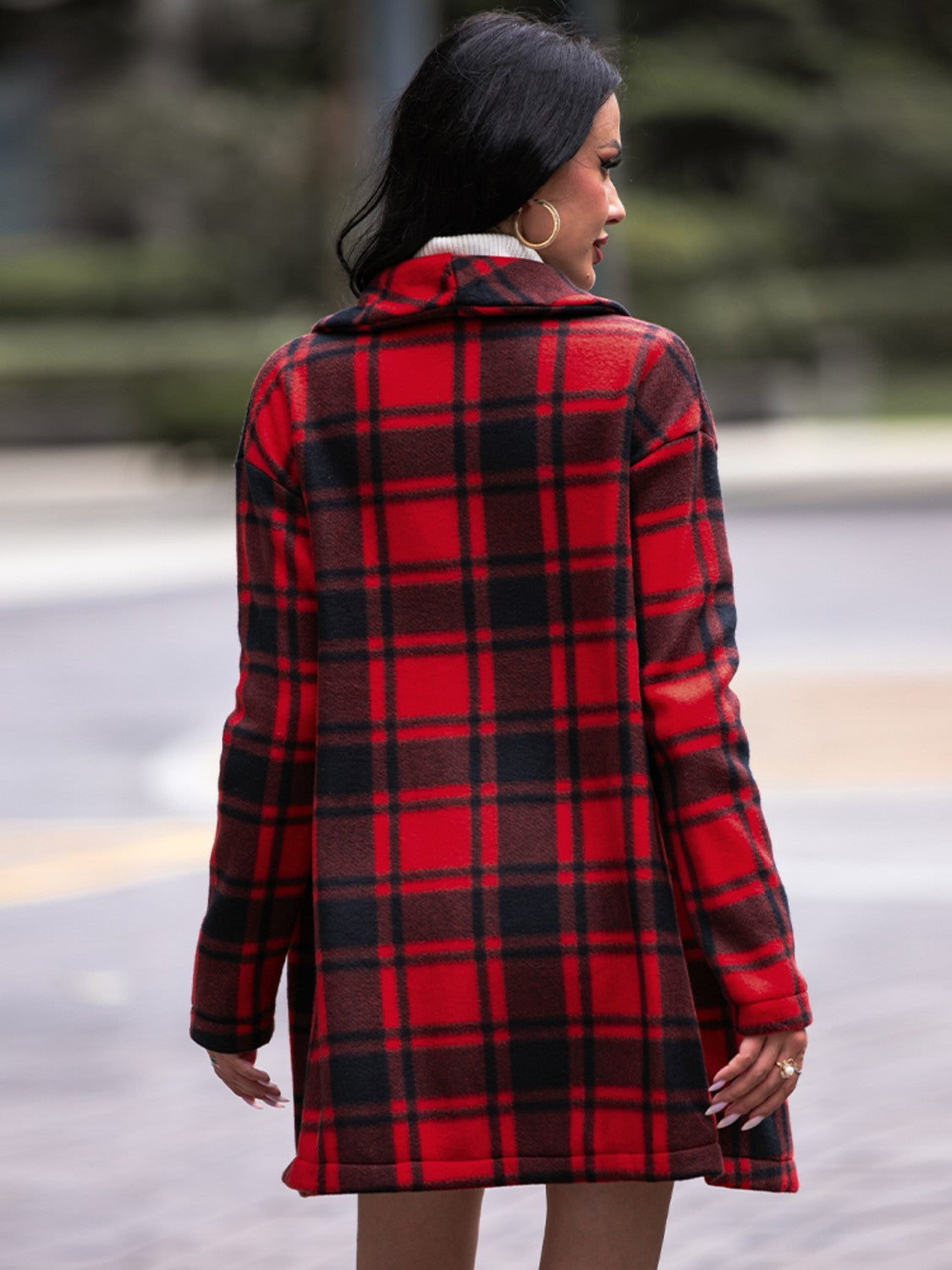 Plaid Shawl Collar Coat with Pockets BLUE ZONE PLANET