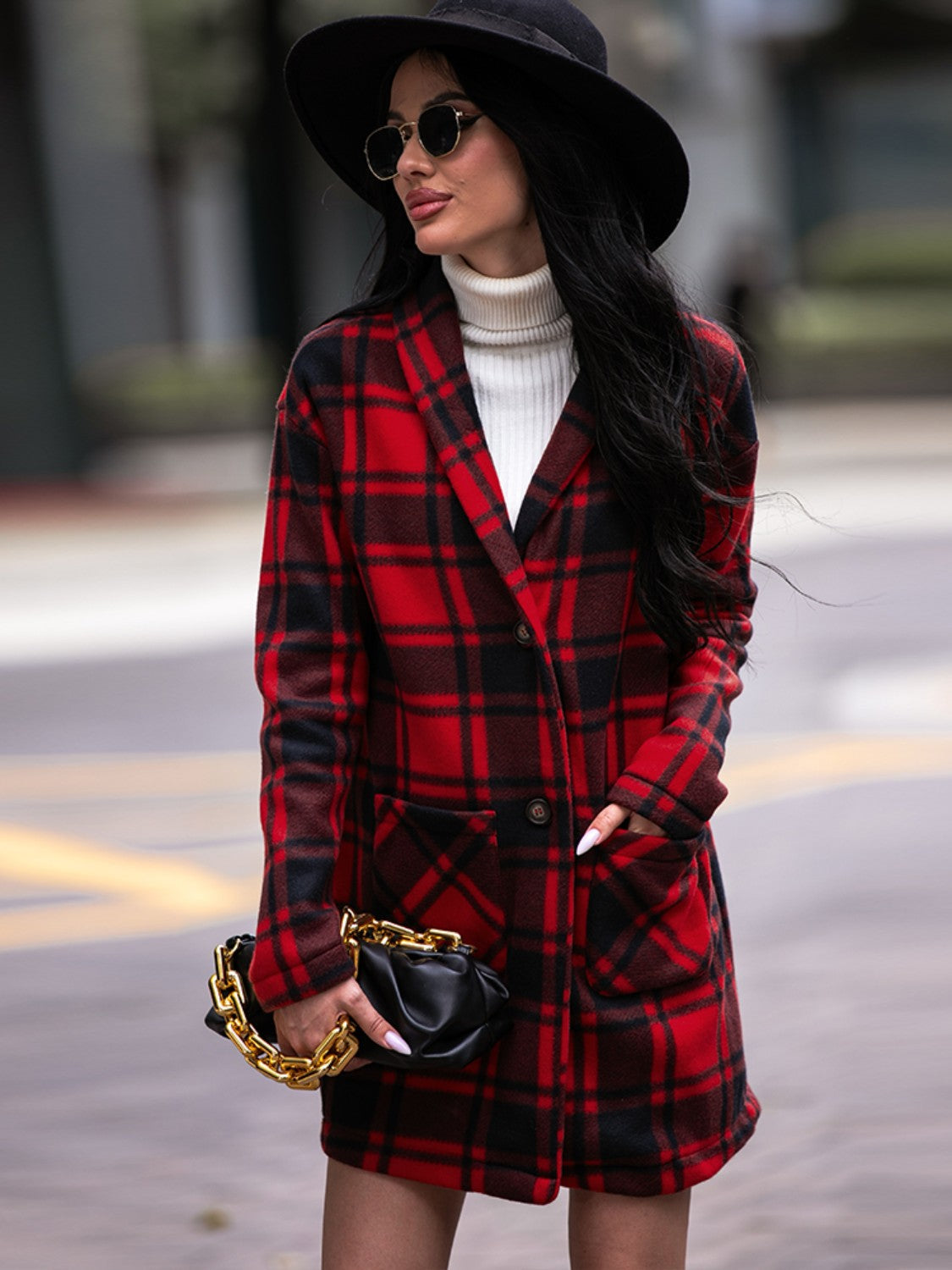 Plaid Shawl Collar Coat with Pockets BLUE ZONE PLANET