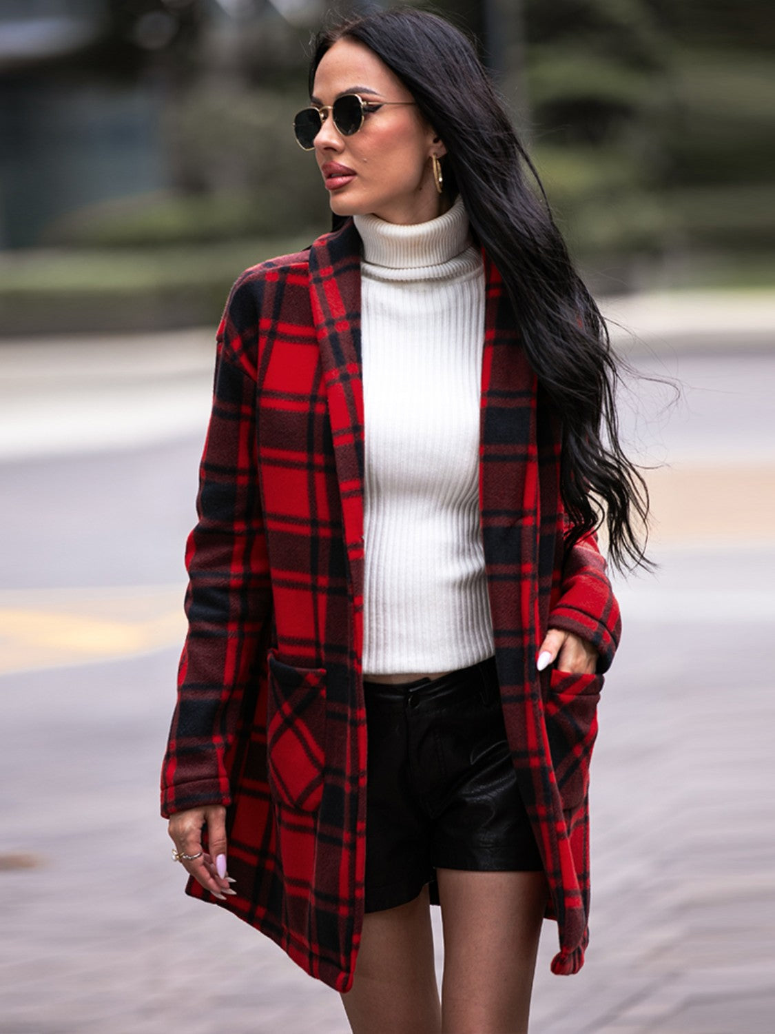 Plaid Shawl Collar Coat with Pockets BLUE ZONE PLANET