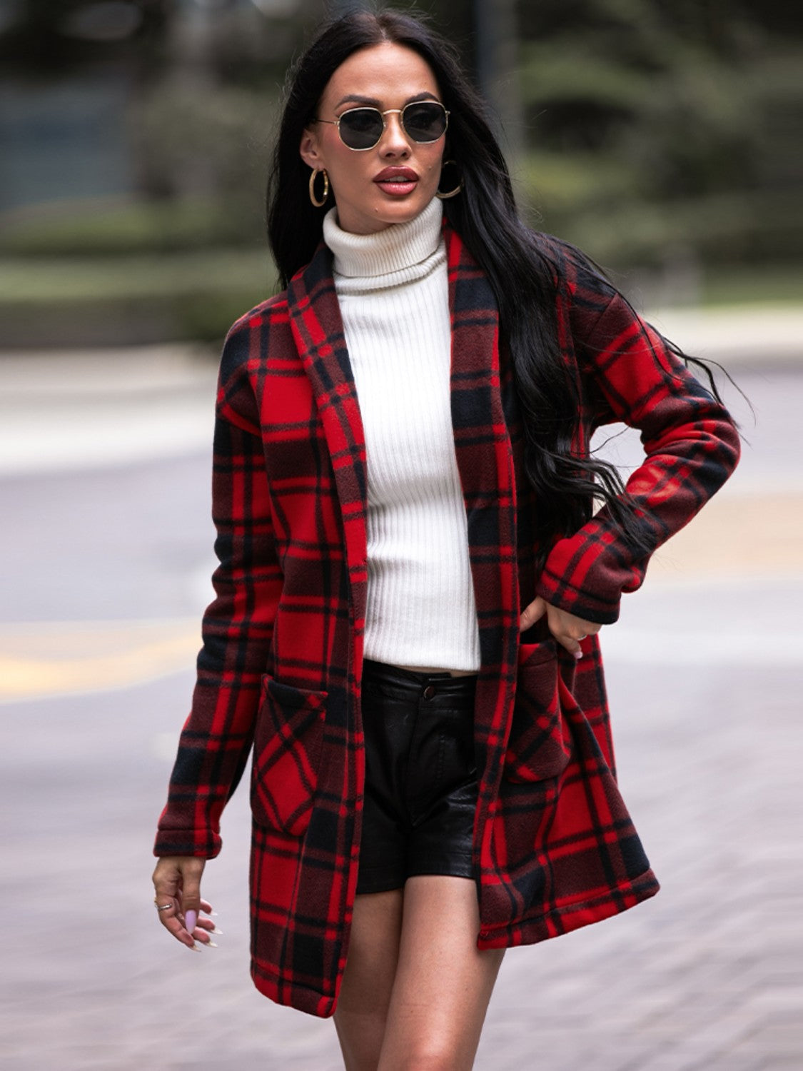 Plaid Shawl Collar Coat with Pockets BLUE ZONE PLANET