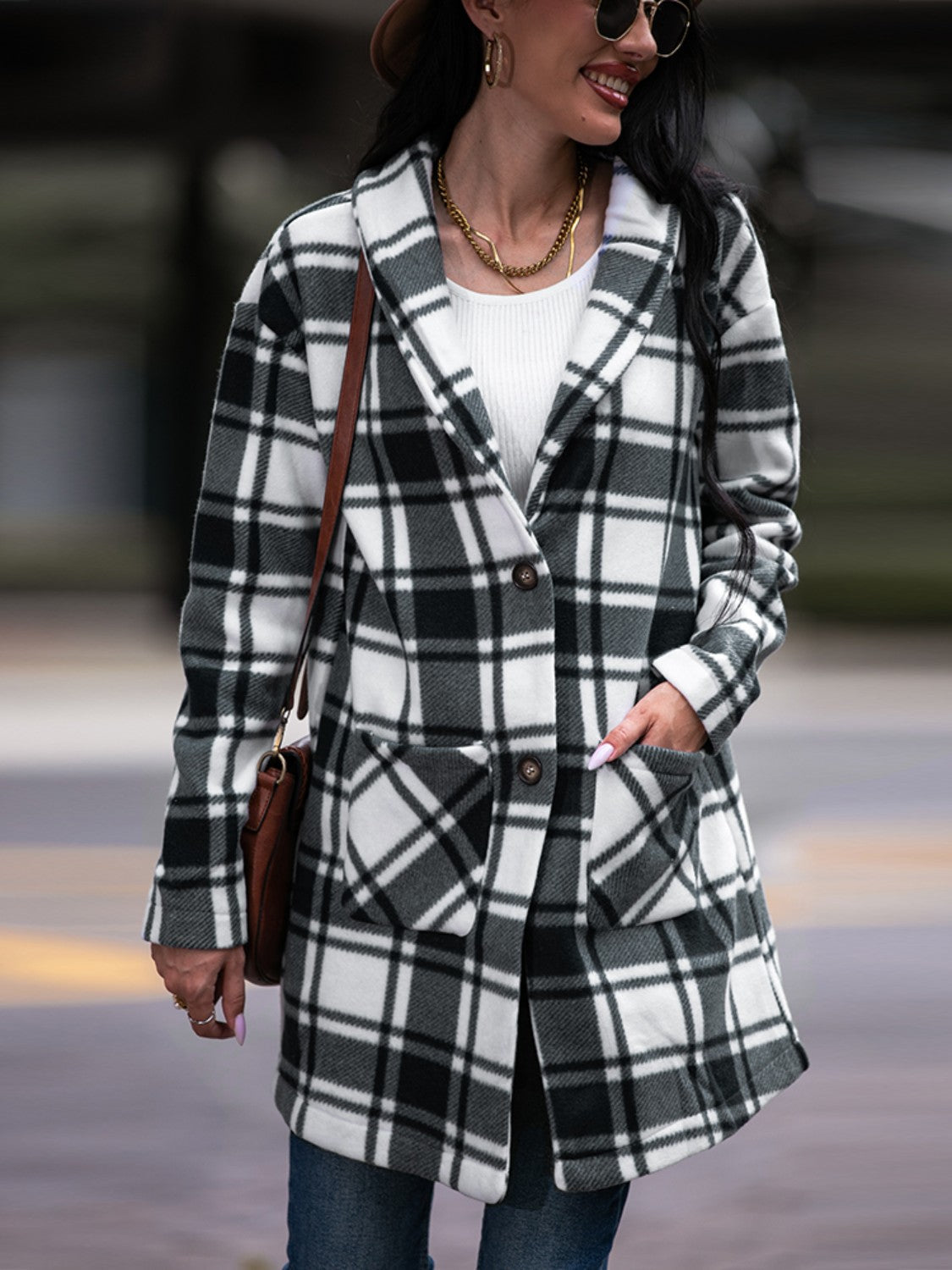 Plaid Shawl Collar Coat with Pockets BLUE ZONE PLANET