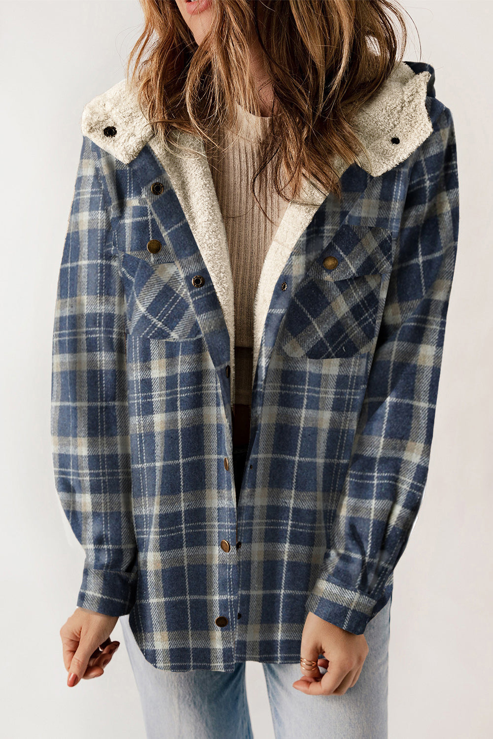 Plaid Snap Down Hooded Jacket BLUE ZONE PLANET