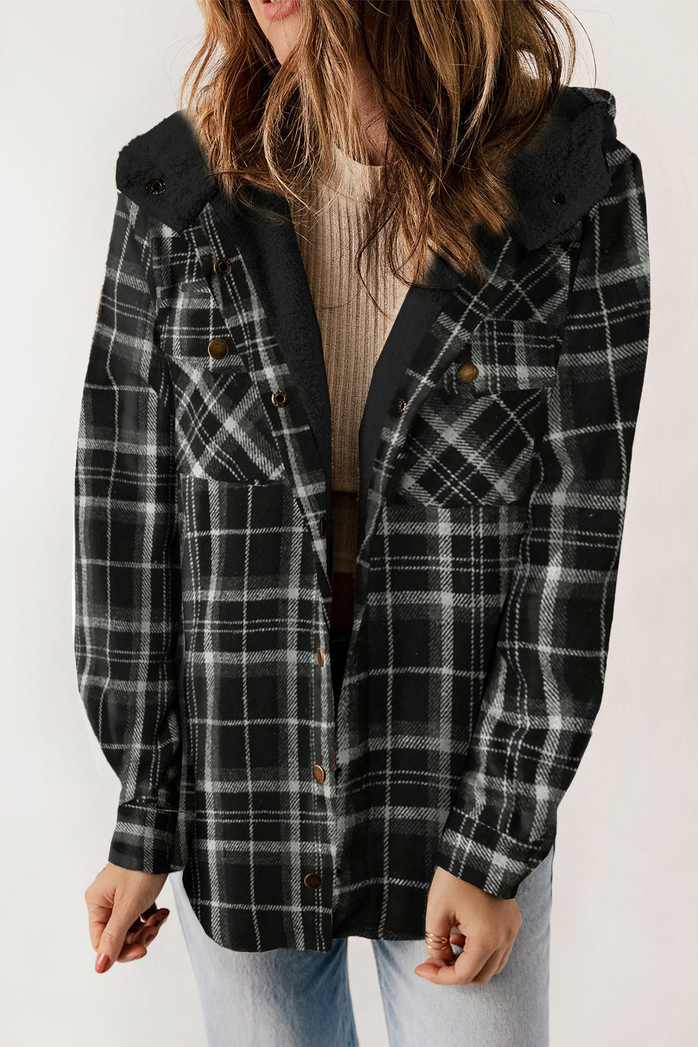 Plaid Snap Down Hooded Jacket BLUE ZONE PLANET