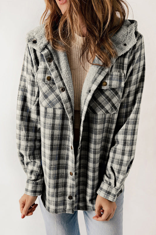 Plaid Snap Down Hooded Jacket BLUE ZONE PLANET