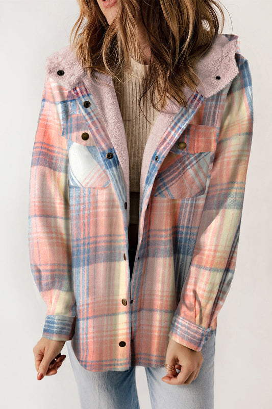 Plaid Snap Down Hooded Jacket BLUE ZONE PLANET