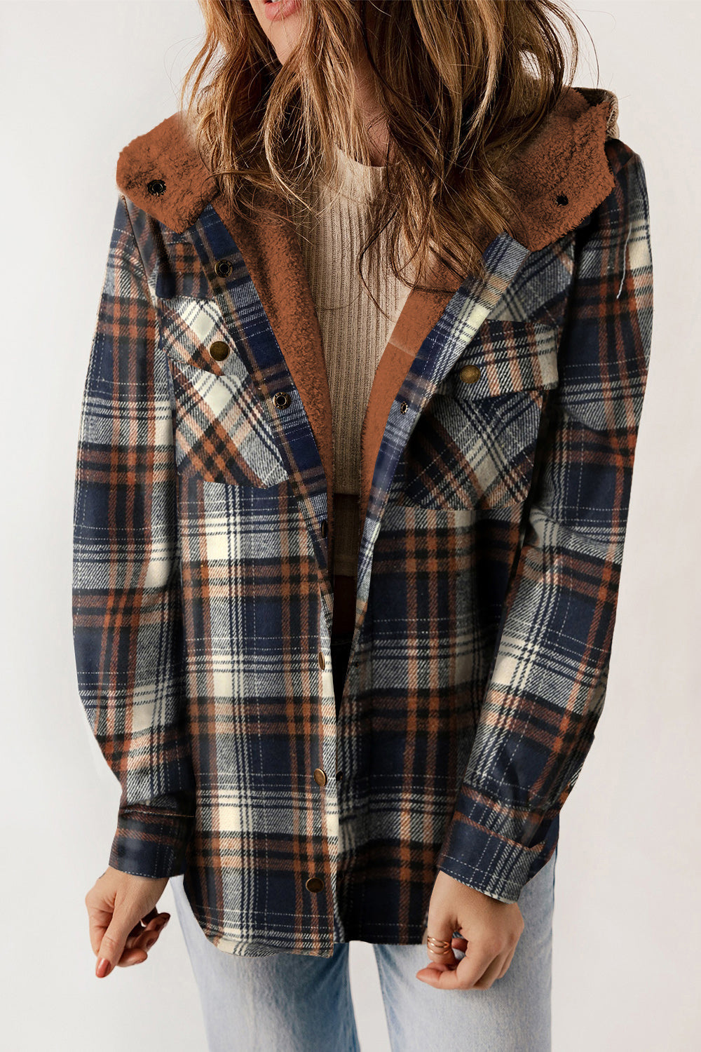 Plaid Snap Down Hooded Jacket BLUE ZONE PLANET