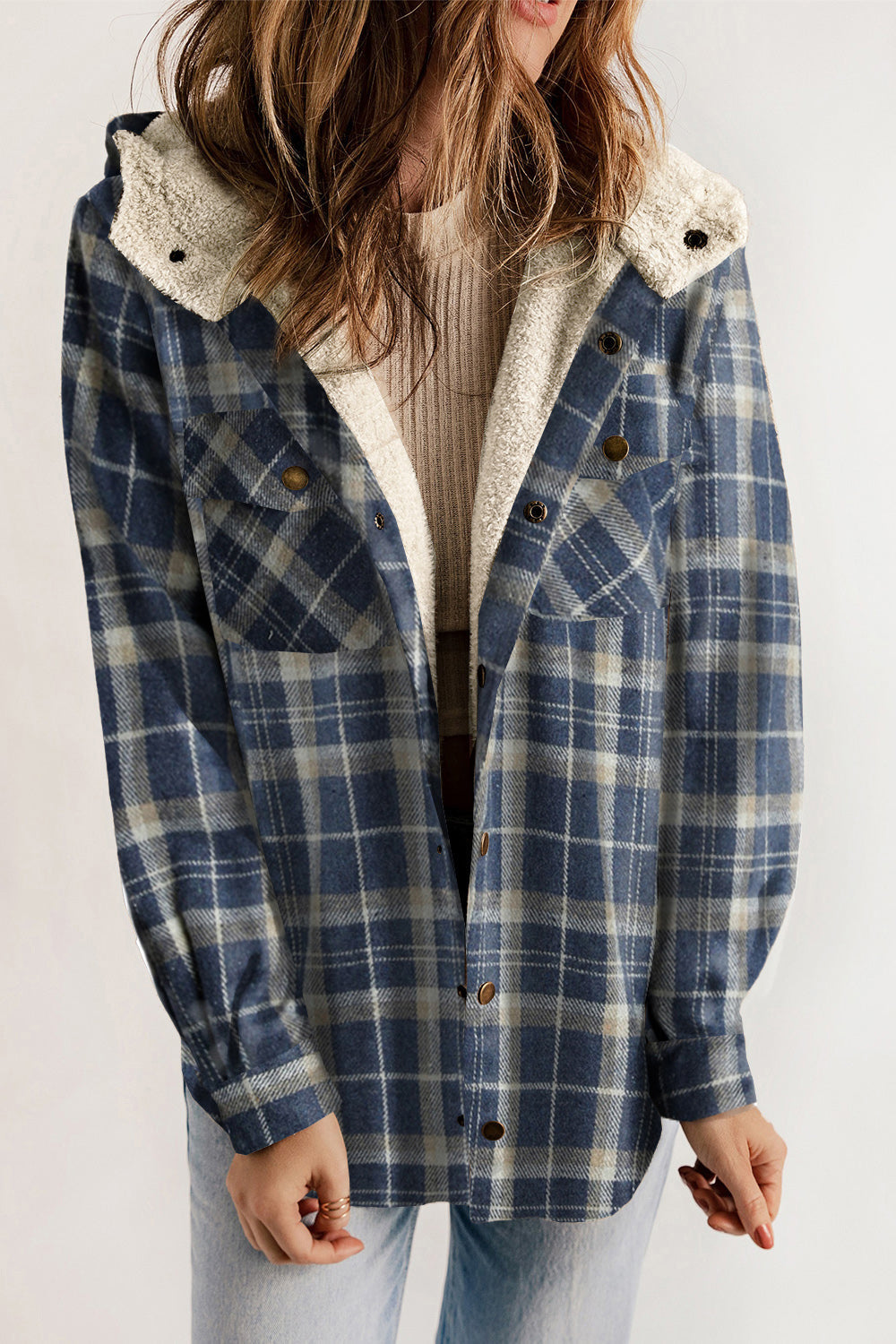 Plaid Snap Down Hooded Jacket BLUE ZONE PLANET