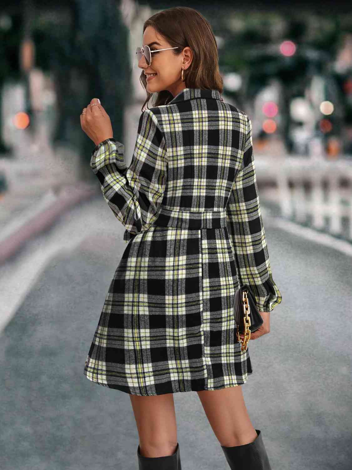 Plaid Tie Front Collared Neck Long Sleeve Dress BLUE ZONE PLANET