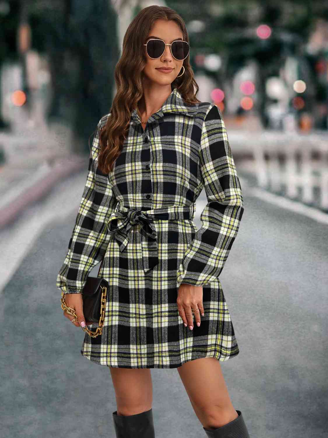 Plaid Tie Front Collared Neck Long Sleeve Dress BLUE ZONE PLANET