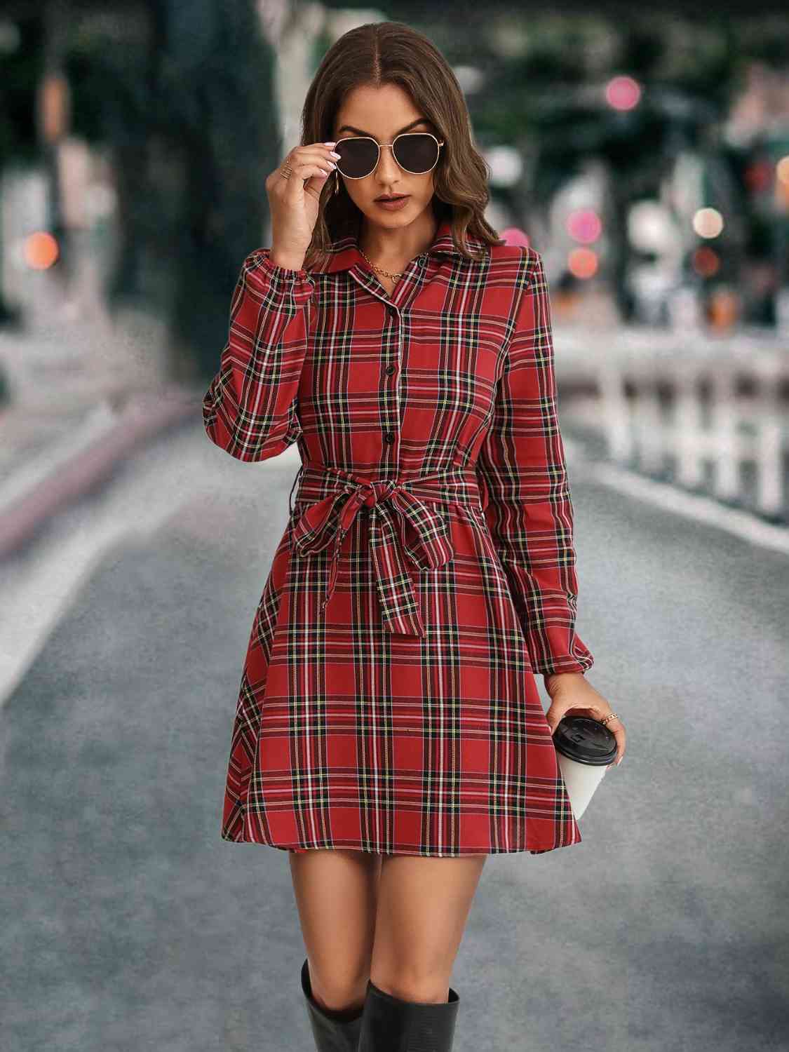 Plaid Tie Front Collared Neck Long Sleeve Dress BLUE ZONE PLANET