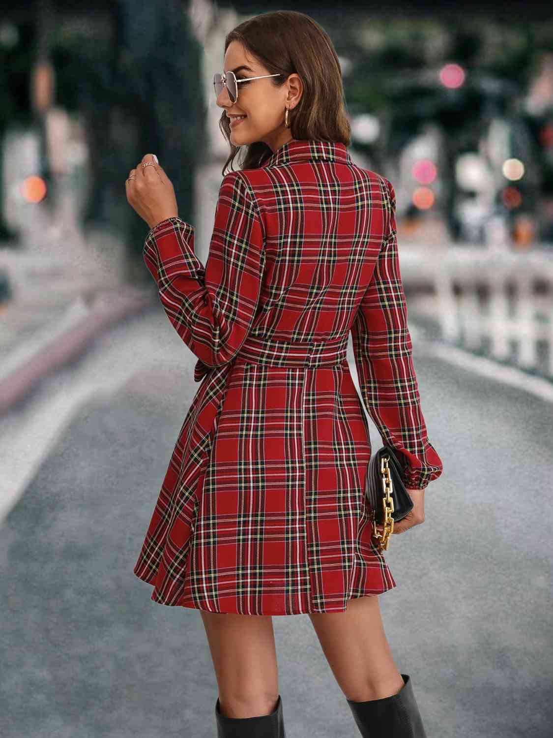 Plaid Tie Front Collared Neck Long Sleeve Dress BLUE ZONE PLANET