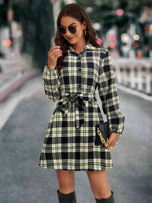 Plaid Tie Front Collared Neck Long Sleeve Dress BLUE ZONE PLANET