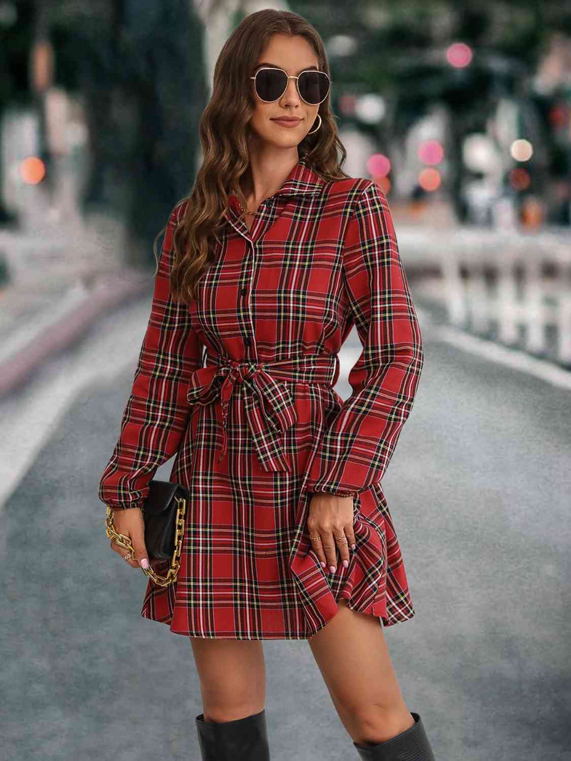 Plaid Tie Front Collared Neck Long Sleeve Dress BLUE ZONE PLANET