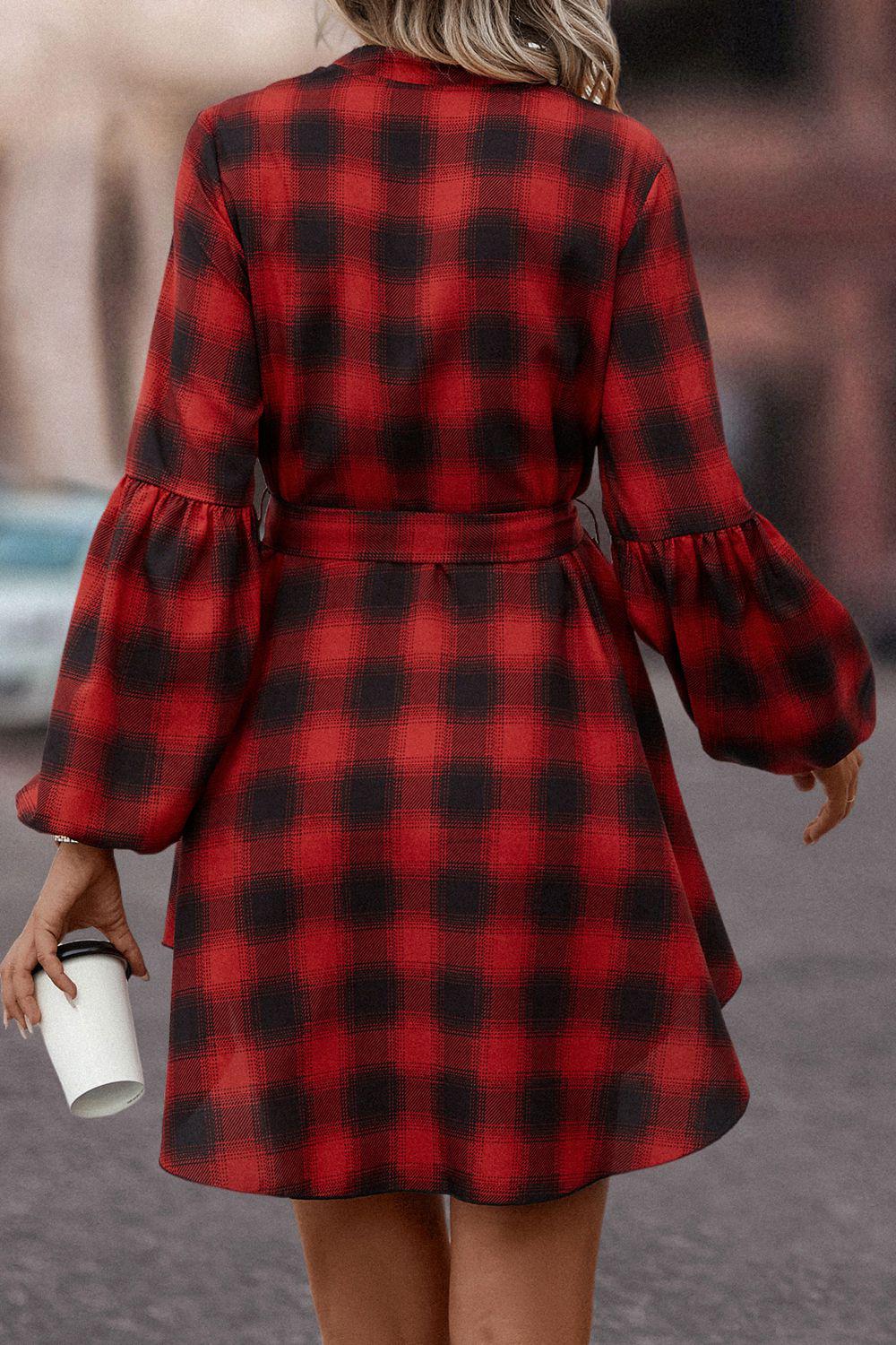 Plaid Tie Waist Balloon Sleeve Mini Dress BLUE ZONE PLANET