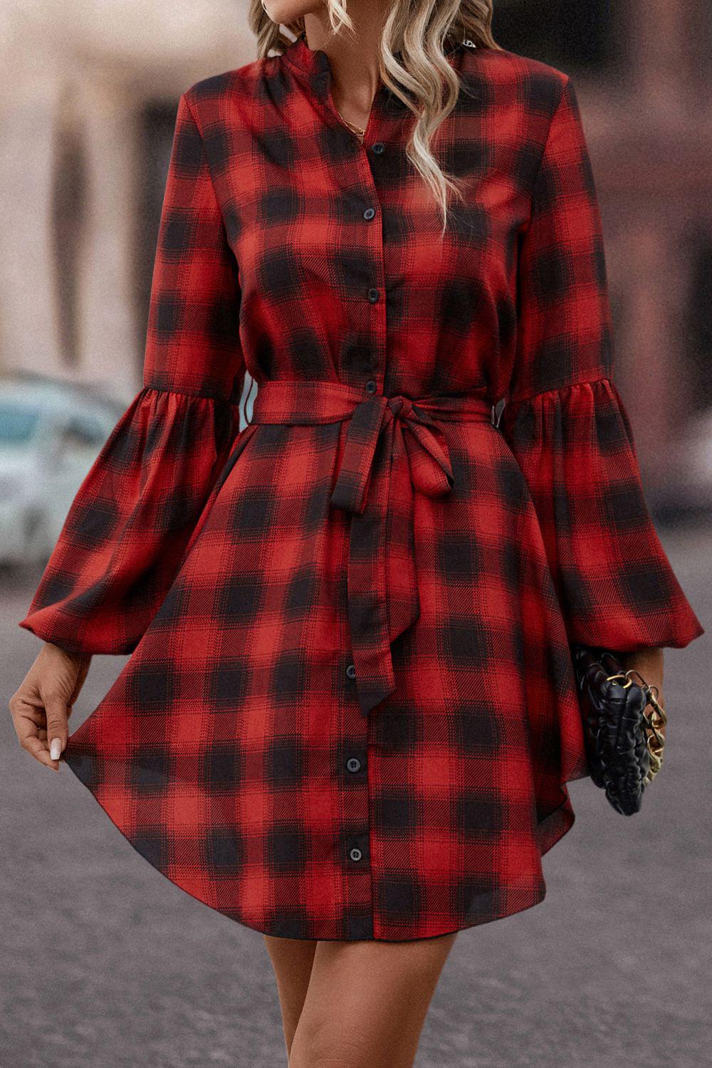 Plaid Tie Waist Balloon Sleeve Mini Dress BLUE ZONE PLANET