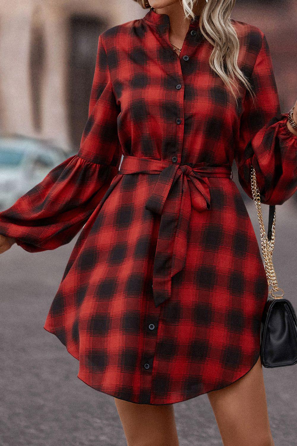 Plaid Tie Waist Balloon Sleeve Mini Dress BLUE ZONE PLANET