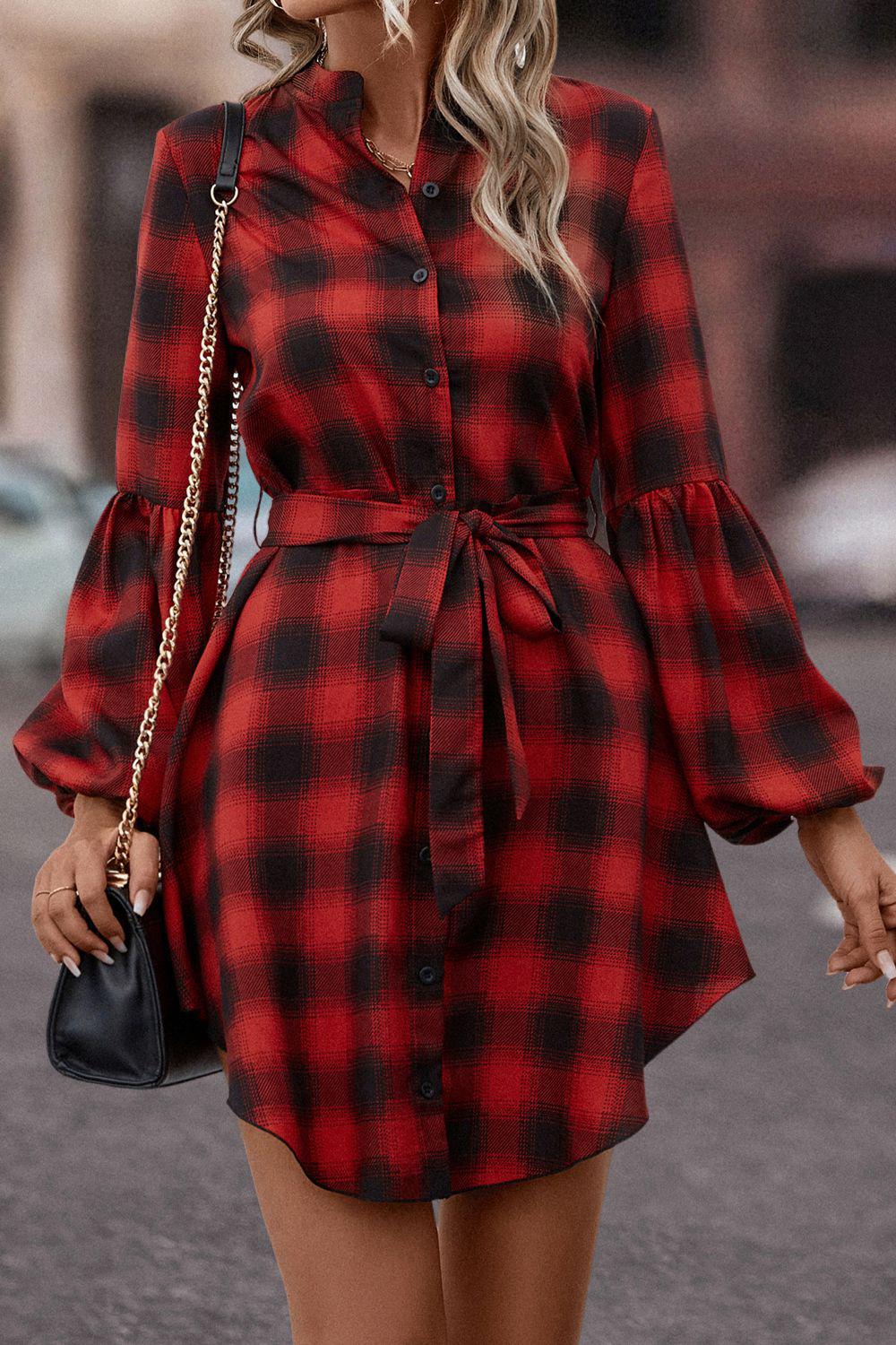 Plaid Tie Waist Balloon Sleeve Mini Dress BLUE ZONE PLANET