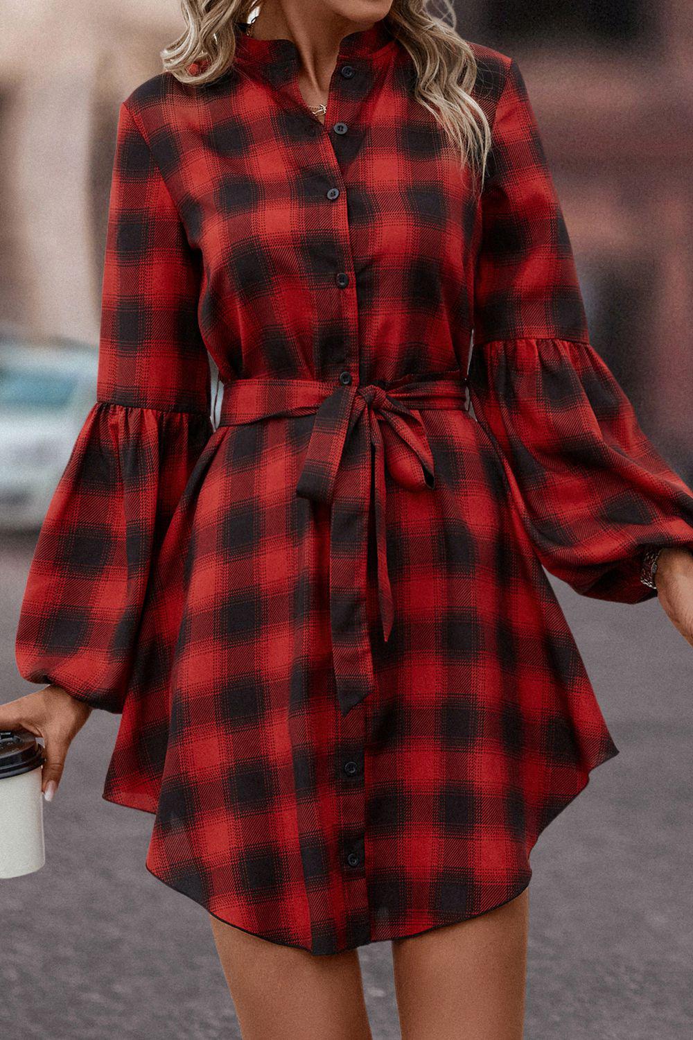 Plaid Tie Waist Balloon Sleeve Mini Dress BLUE ZONE PLANET