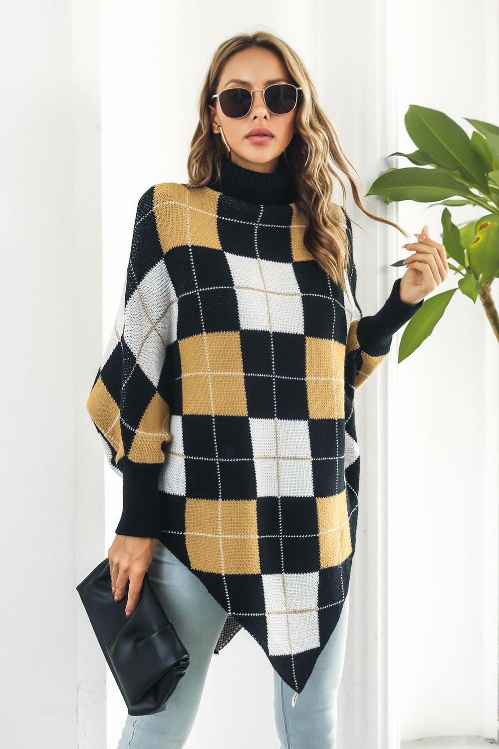 Plaid Turtleneck Dolman Sleeve Poncho BLUE ZONE PLANET