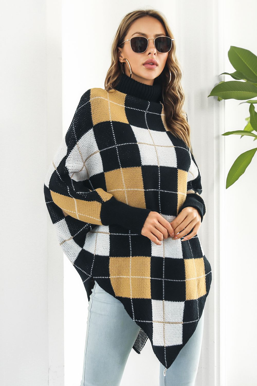 Plaid Turtleneck Dolman Sleeve Poncho BLUE ZONE PLANET