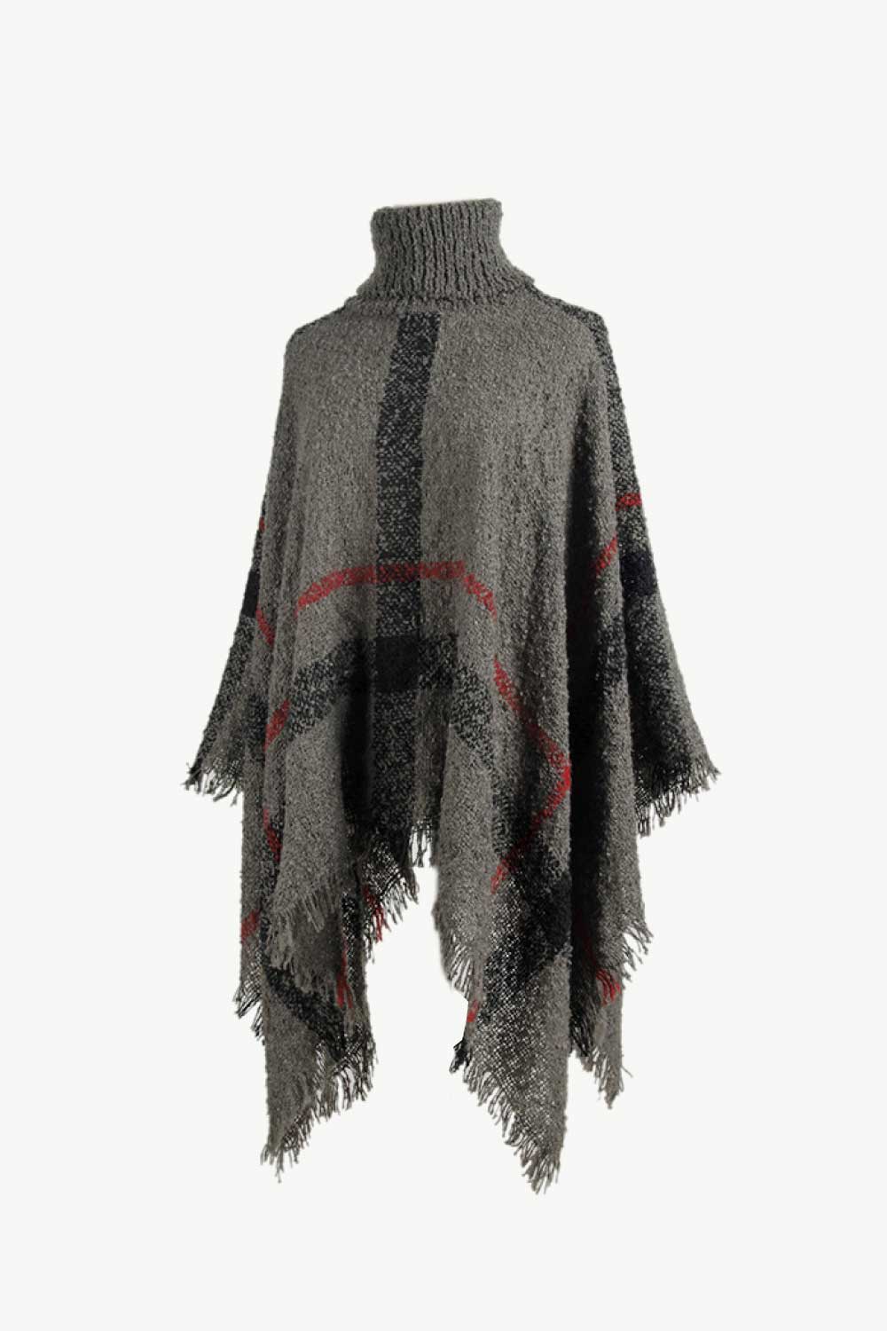 Plaid Turtleneck Raw Hem Poncho BLUE ZONE PLANET