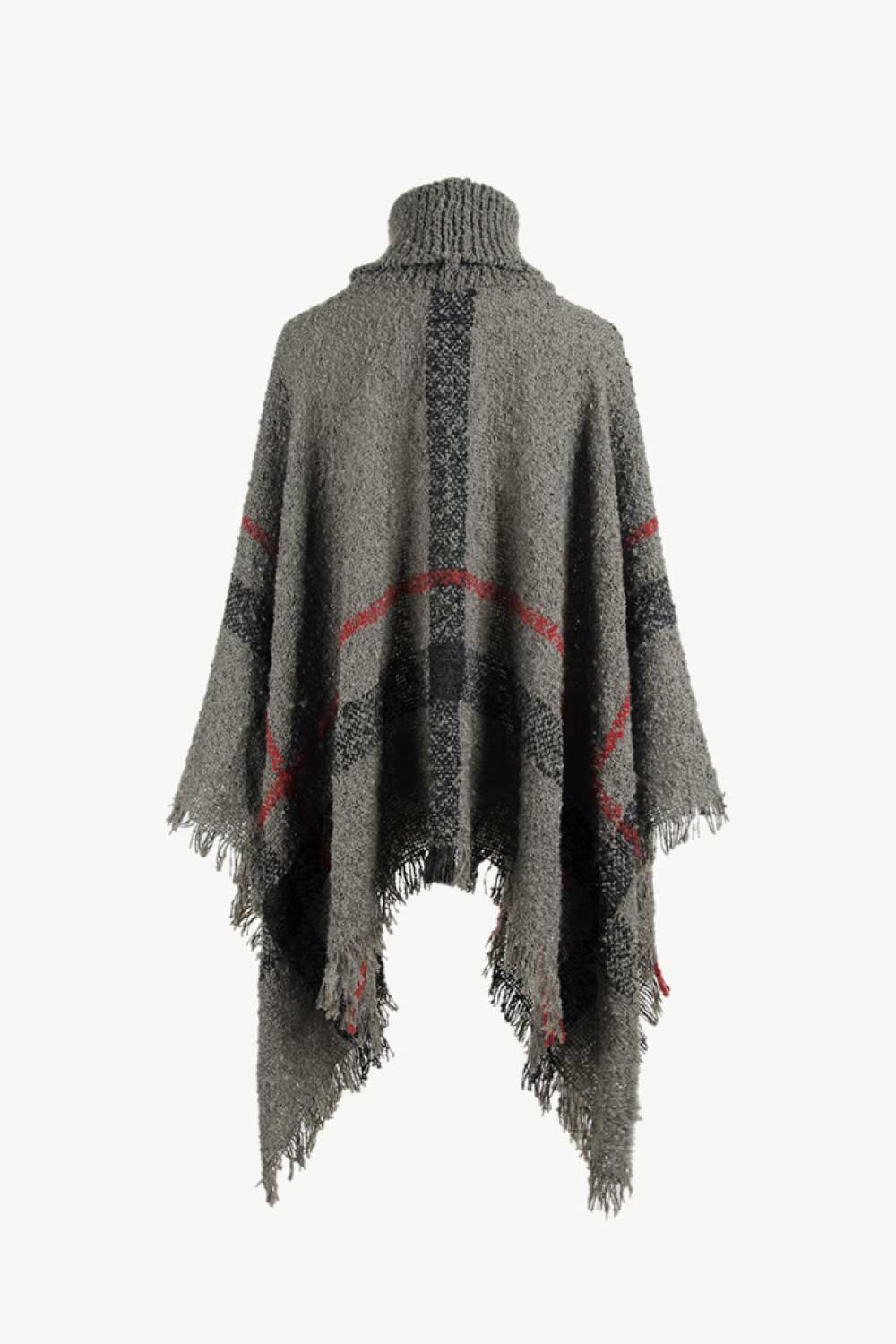 Plaid Turtleneck Raw Hem Poncho BLUE ZONE PLANET