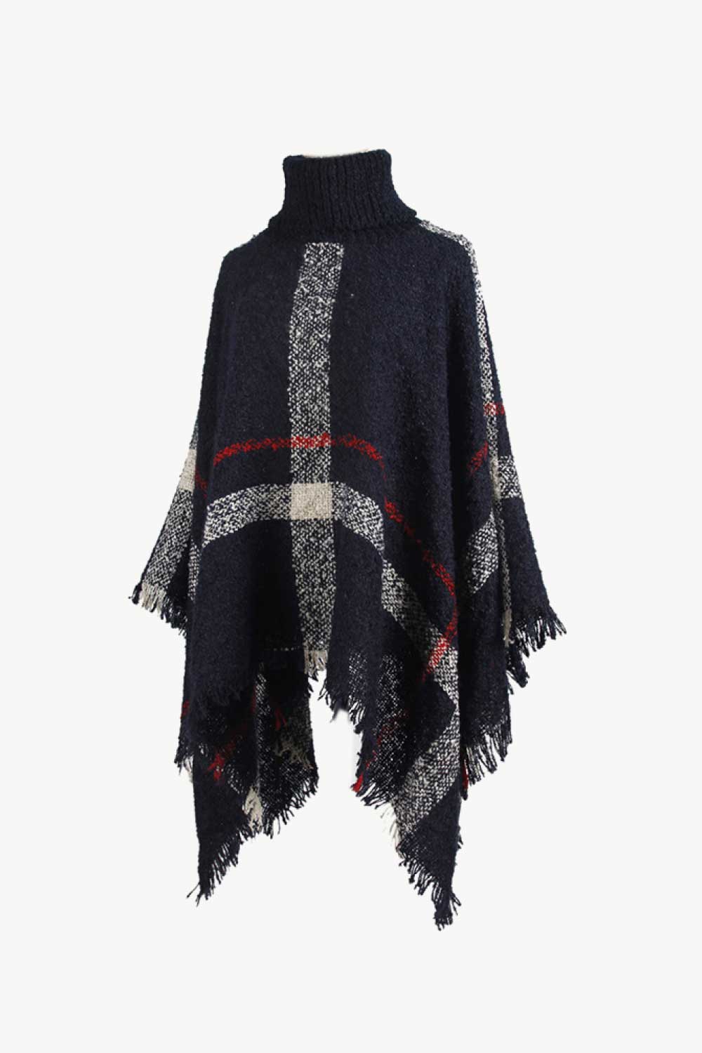 Plaid Turtleneck Raw Hem Poncho BLUE ZONE PLANET