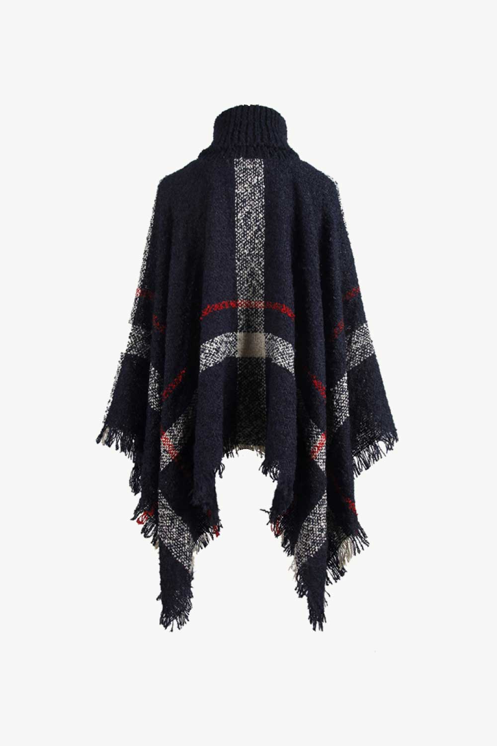 Plaid Turtleneck Raw Hem Poncho BLUE ZONE PLANET