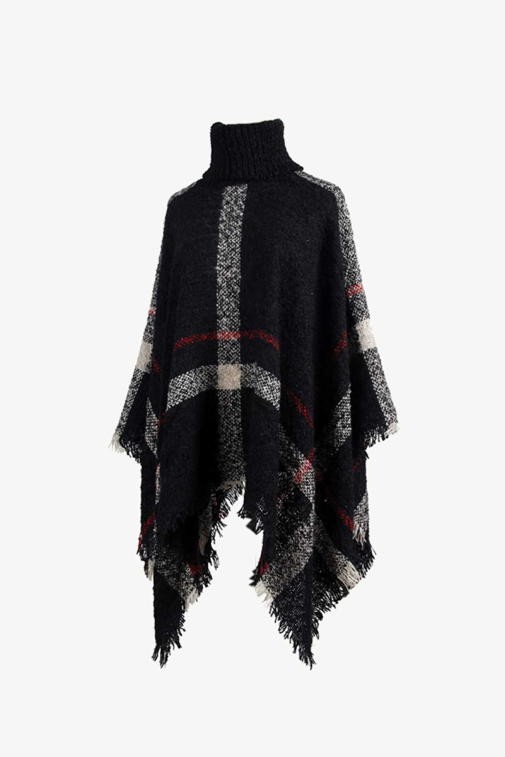 Plaid Turtleneck Raw Hem Poncho BLUE ZONE PLANET