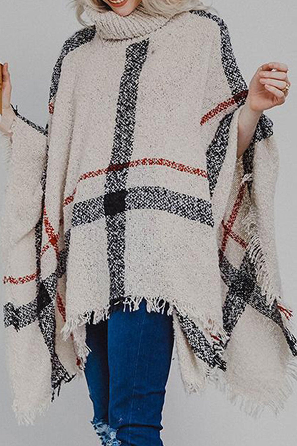 Plaid Turtleneck Raw Hem Poncho BLUE ZONE PLANET