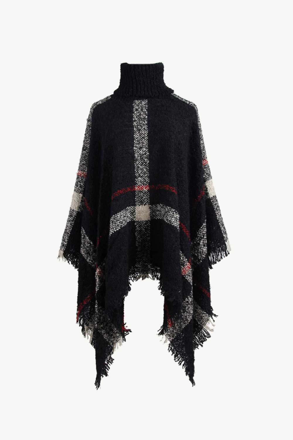 Plaid Turtleneck Raw Hem Poncho BLUE ZONE PLANET