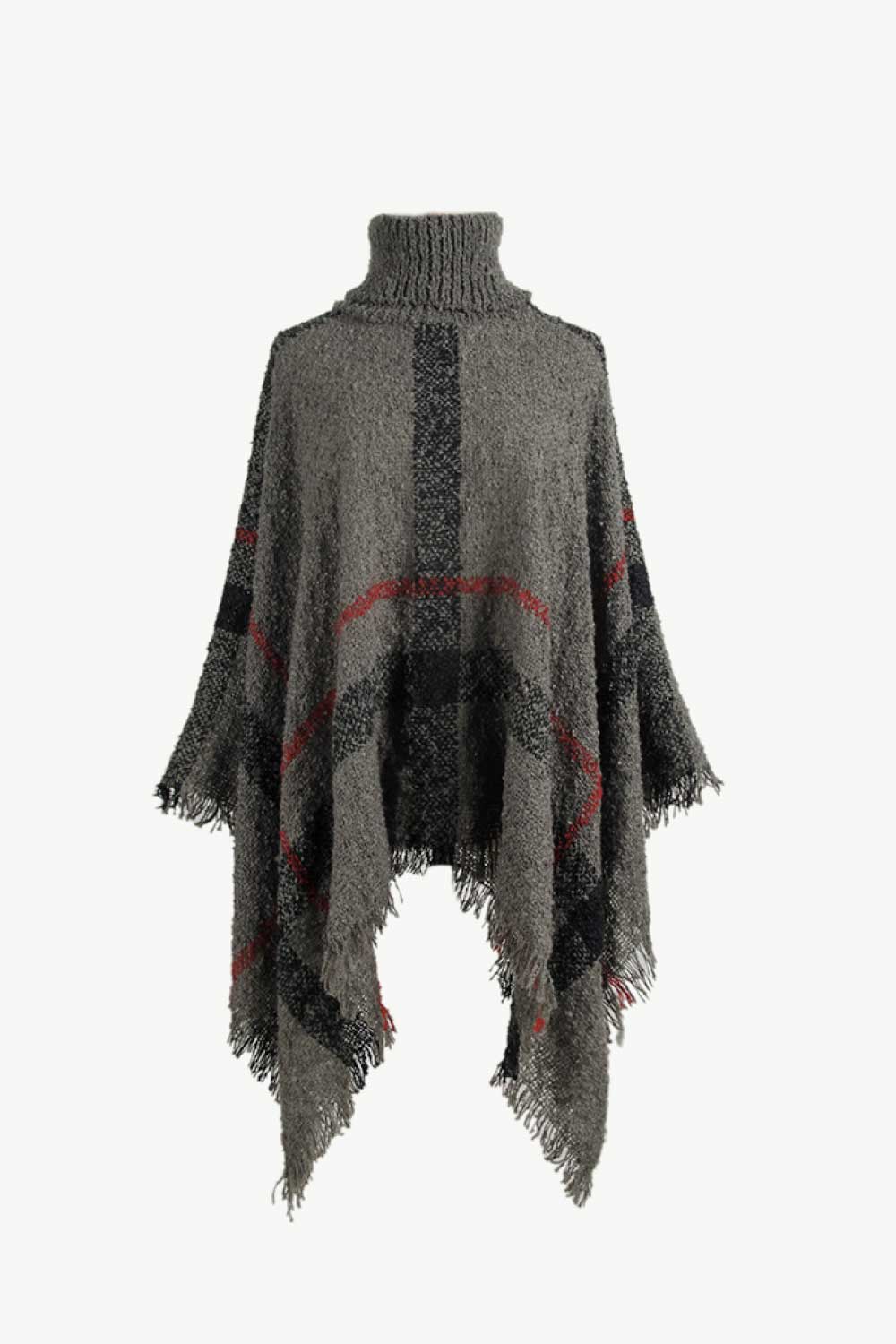 Plaid Turtleneck Raw Hem Poncho BLUE ZONE PLANET