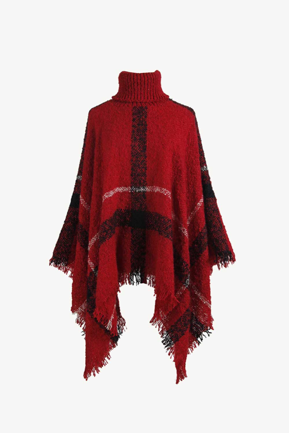 Plaid Turtleneck Raw Hem Poncho BLUE ZONE PLANET