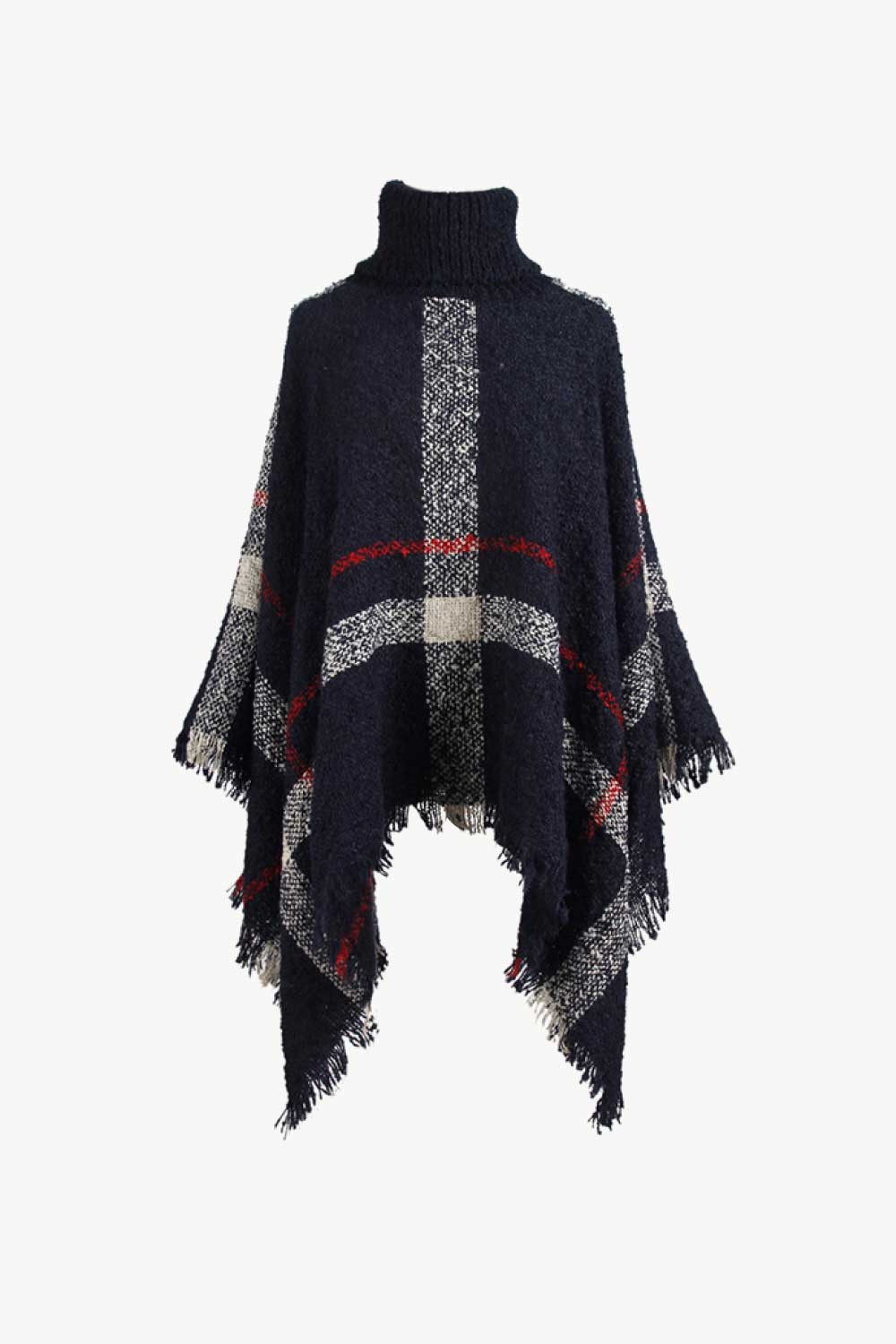 Plaid Turtleneck Raw Hem Poncho BLUE ZONE PLANET