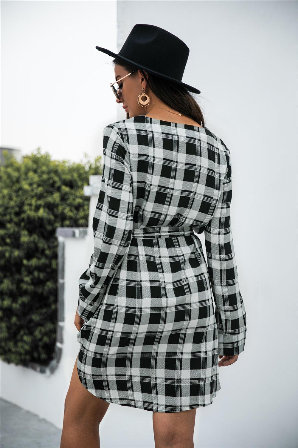 Plaid V-Neck Tie Waist Dress BLUE ZONE PLANET