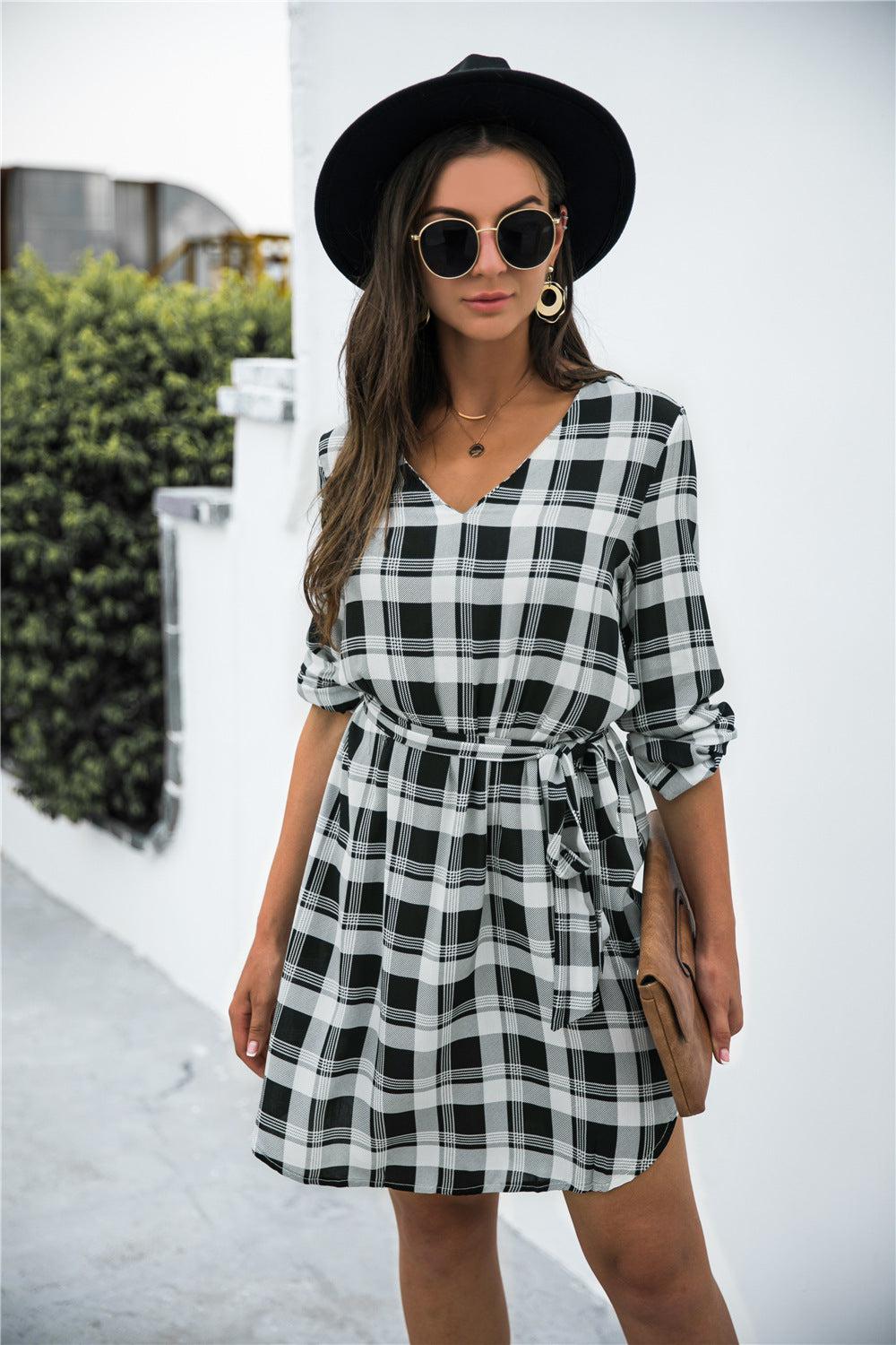 Plaid V-Neck Tie Waist Dress BLUE ZONE PLANET