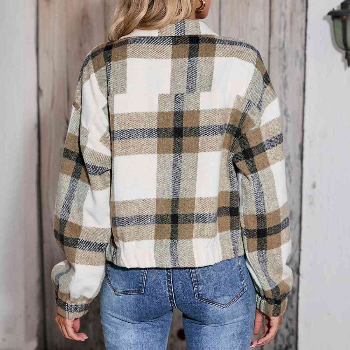 Plaid Zip-Up Collared Jacket BLUE ZONE PLANET