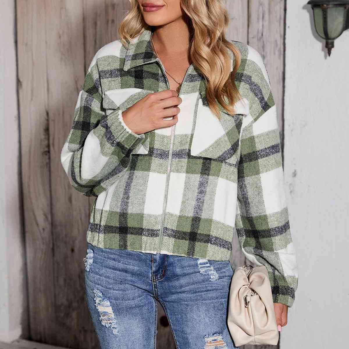 Plaid Zip-Up Collared Jacket BLUE ZONE PLANET