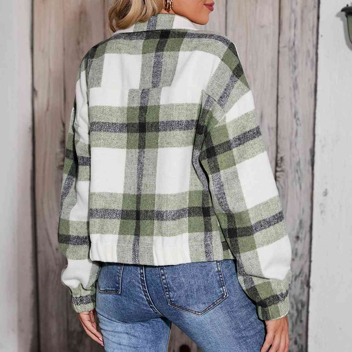 Plaid Zip-Up Collared Jacket BLUE ZONE PLANET