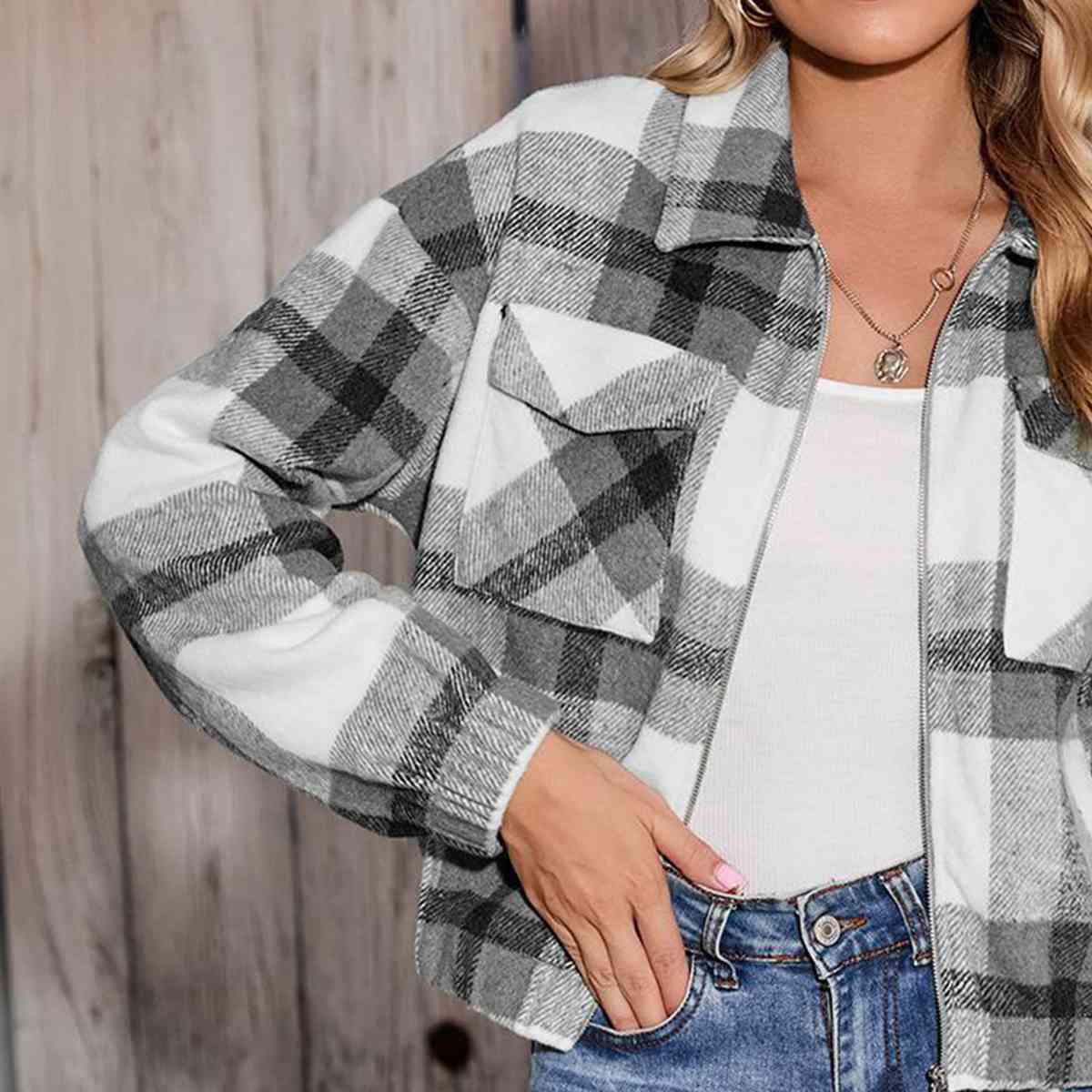 Plaid Zip-Up Collared Jacket BLUE ZONE PLANET