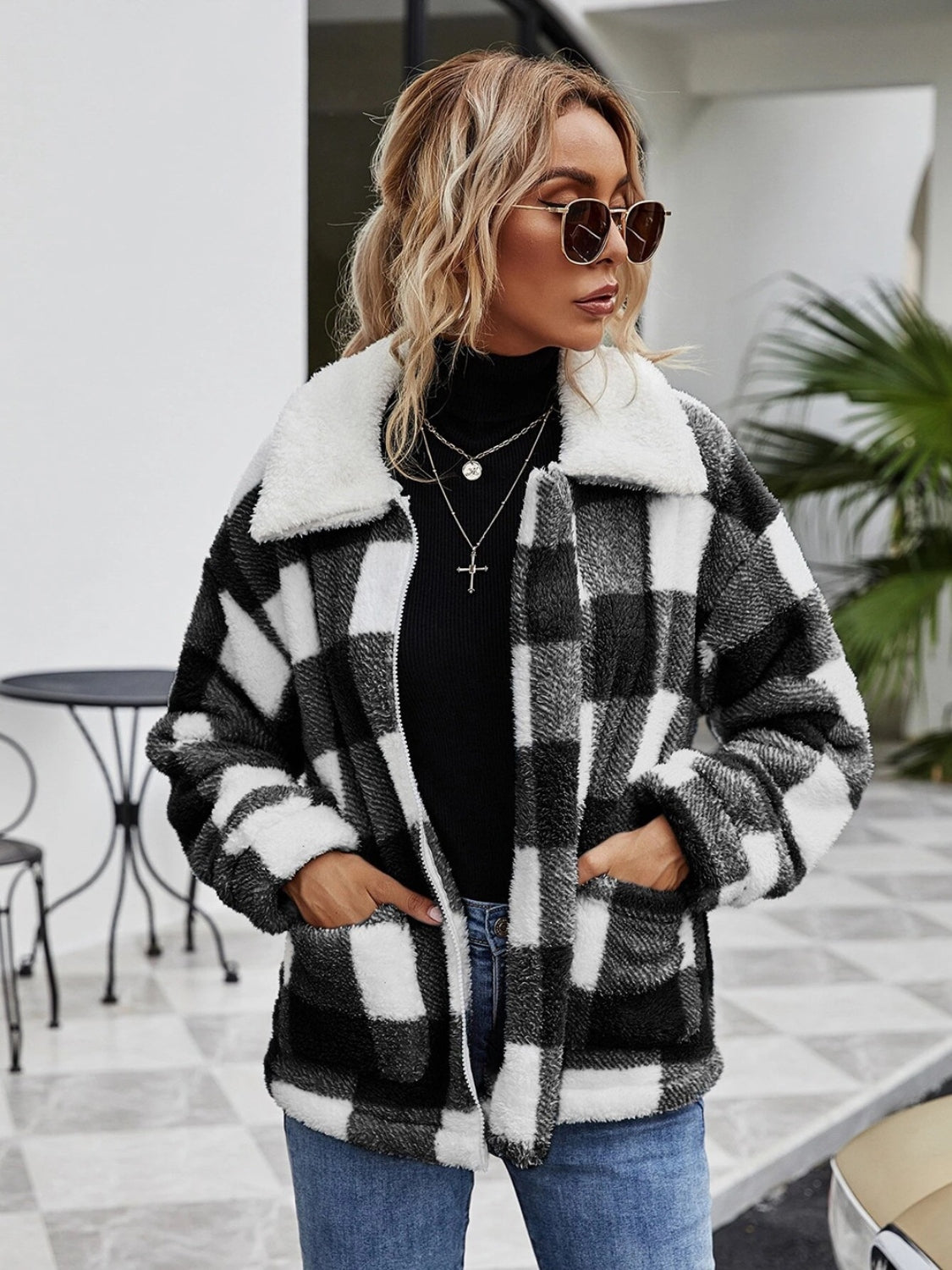 Plaid Zip-Up Collared Jacket BLUE ZONE PLANET