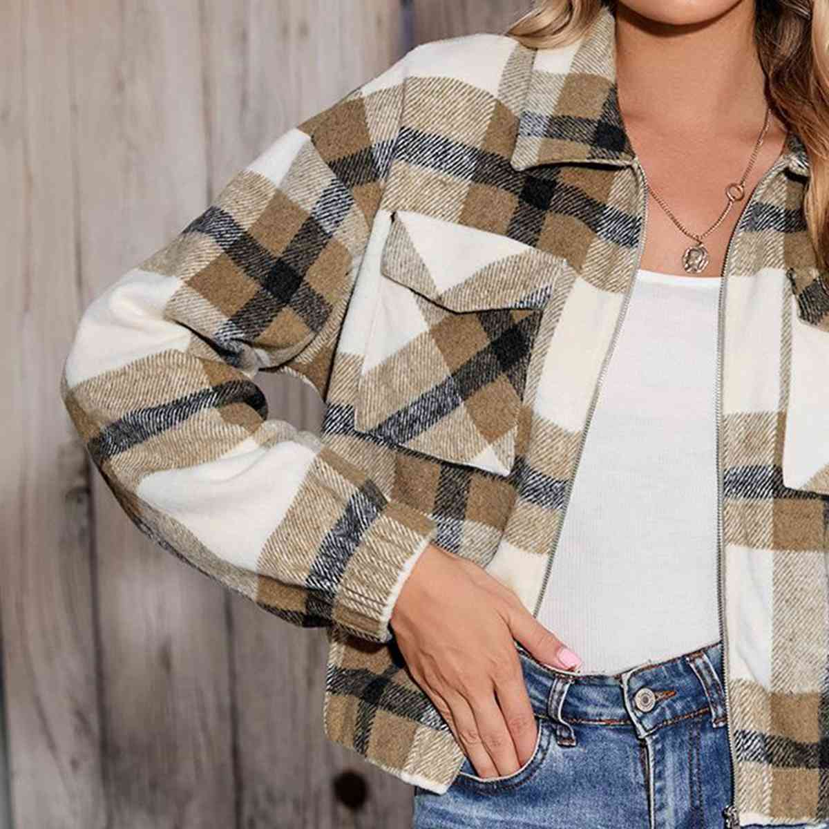 Plaid Zip-Up Collared Jacket BLUE ZONE PLANET