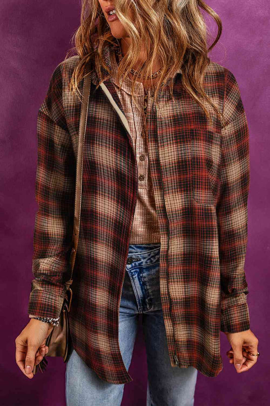 Plaid Zip-Up Collared Jacket BLUE ZONE PLANET