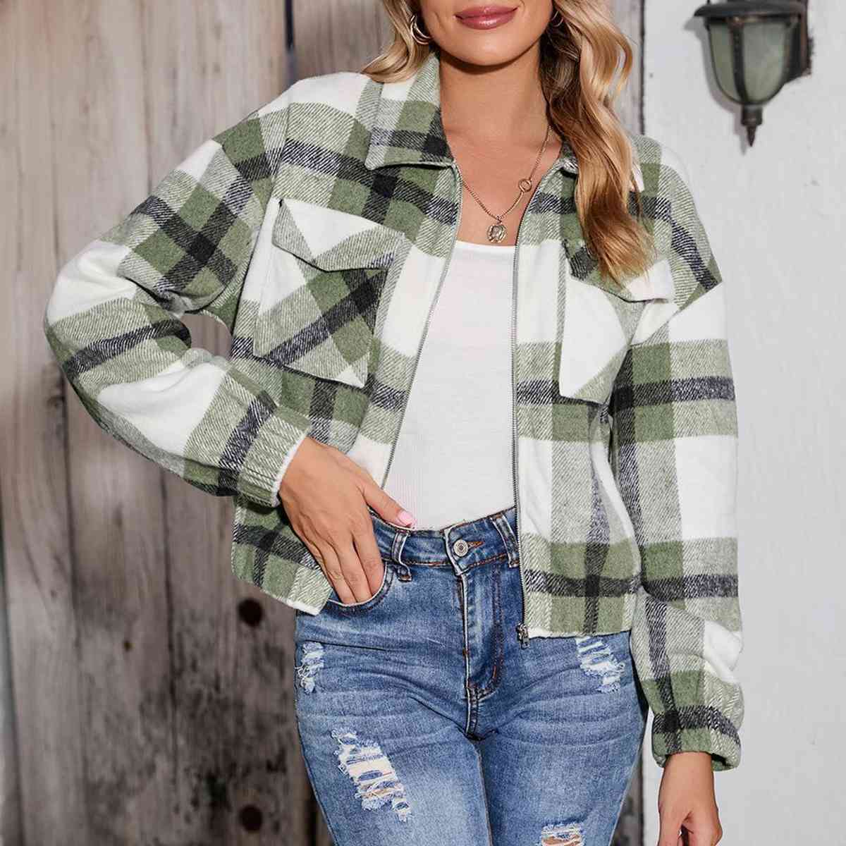 Plaid Zip-Up Collared Jacket BLUE ZONE PLANET