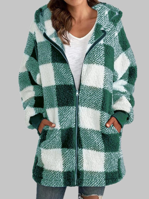 Plaid Zip-Up Hooded Jacket with Pockets BLUE ZONE PLANET